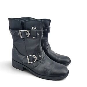 Harley Davidson Grace Boots W 9.5 Black Leather Moto Harness Biker Buckle Combat